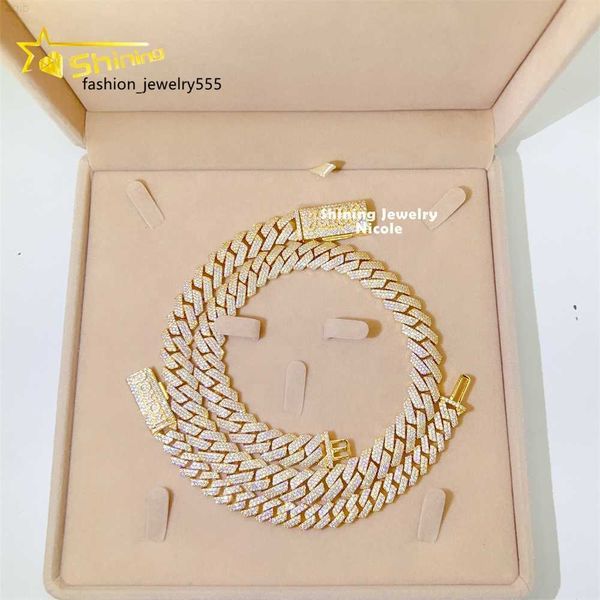 Colliers de pendentif bijoux hip hop personnalisé 3 rangées diamant 14 mm largeur en or rose rose argent 925 Moisanite Cuban Link chaîne