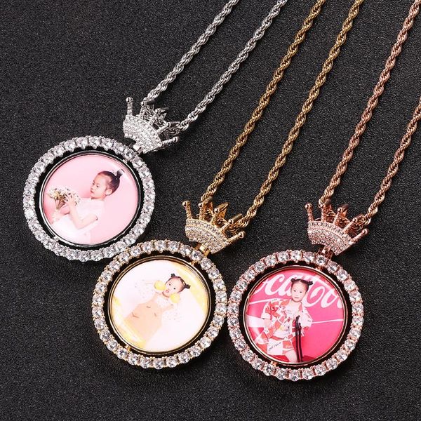 Pendentif Colliers Personnalisé Hip Hop Tournant Couronne Ronde Double Face Cz Mémoire Po Collier Pour Femmes MenPendant