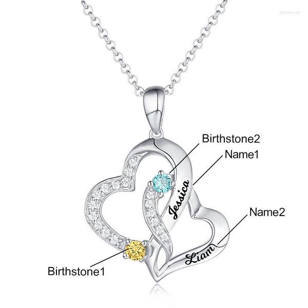 Pendentif Colliers Lettre personnalisée Collier double coeur pour femmes Nom gravé avec chaîne de cou de pierre de naissance Argent