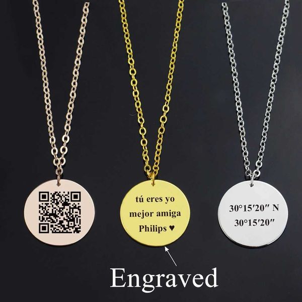 Pendentif Colliers Collier personnalisé Lettres gravées en acier inoxydable Citation personnalisée Texte Qr Code Cadeau d'anniversaire 240227