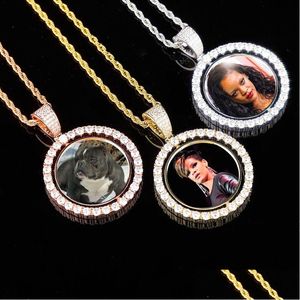 Pendentif Colliers Personnalisé Po Cadre Mémoire Médaillons Pendentifs Collier Deux Côtés Rotatif Hommes Femmes Bling Glacé Mâle Hip Hop Rappeur Dhpar