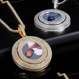 Colliers Pendentif Personnaliser Memorial Po Collier Rotatif Avec Bling Diamant Pierre Zircon Hommes Femmes Amant Cadeau De Noël Drop Deliv Dhevs