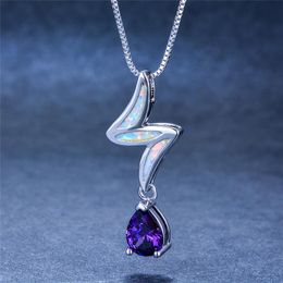 Pendentif colliers mignon Boho femme gros violet goutte d'eau pendentifs blanc bleu opale de feu collier couleur argent pour les femmes pendentif