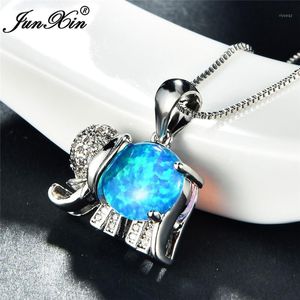 Pendentif Colliers Mignon Boho Chanceux Éléphant Pendentifs Argent Couleur Animal Tour De Cou Blanc Bleu Opale De Feu Pour Les Femmes