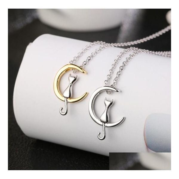 Pendentif Colliers Mignon Chat Lune Charme Sier Or Couleur Lien Chaîne Collier Pour Animal De Compagnie Chanceux Bijoux Fille Cadeau Drop Delivery Pendentifs Dhccb