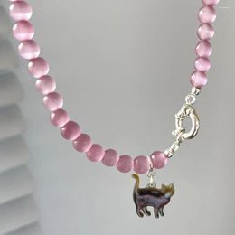 Pendentif Colliers Mignon Chat Rose Cristal Opale Collier De Perles Pour Femmes Doux Cool Esthétique Clavicule Chaîne 2024 Bijoux À La Mode Cadeau