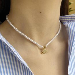 Collares colgantes Lindo Elefante Color Oro Micro Pave Zircon Collar de perlas de imitación para mujeres Collar de acero inoxidable