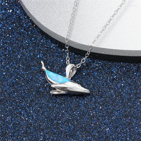 Pendentif Colliers Mignon Femelle Bleu Baleine Collier Classique Argent Couleur Chaîne Opale De Feu Pierre Animal Pour Les Femmes Cadeau