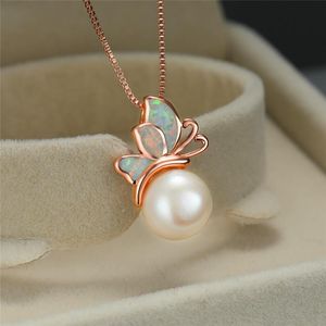 Hanger kettingen schattige vrouwelijke blauw witte opaal ketting charm vlinder roségouden parel voor vrouwen sierlijke dieren bruiloft hals