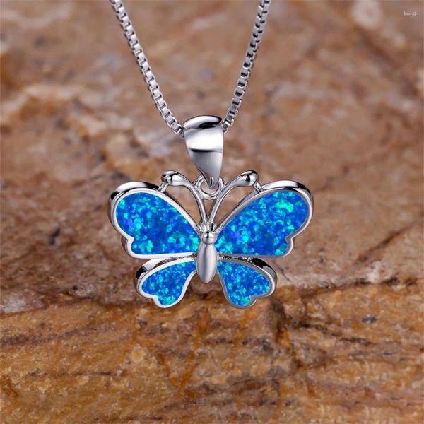 Collares colgantes lindo collar de mariposa femenina blanco azul púrpura piedra de ópalo para mujeres rosa oro plata color cadena joyería regalo