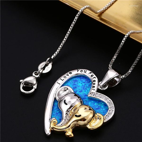 Pendentif Colliers Mignon Femelle Or Éléphant Collier Argent Couleur De Mariage Chaîne Coeur Vintage Bleu Opale Pour Les Femmes