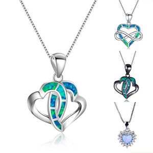 Pendentif Colliers Mignon Femelle Petit Infini Coeur Collier Argent Couleur Mariage Boho Bleu Opale Pour Women301R