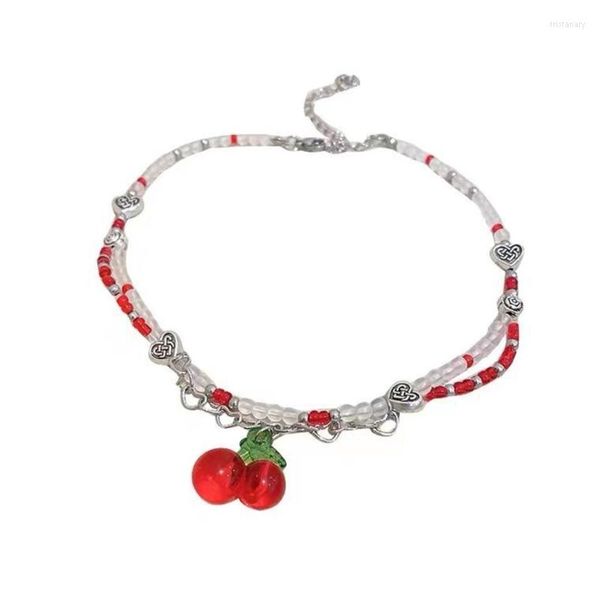 Collares con colgante, gargantillas de cerezas de frutas bonitas para mujeres y niñas, collar de cuentas hecho a mano con cuentas rojas y blancas, regalo de joyería