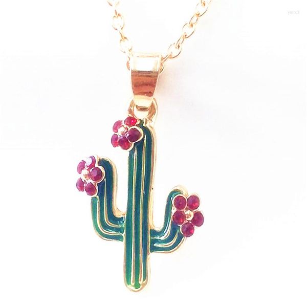 Pendentif Colliers Mignon Or-couleur Vert Émail Cactus Pour Femmes Filles Cadeaux Bijoux Cristal Rouge Fleurs Collier Bijoux De Mode