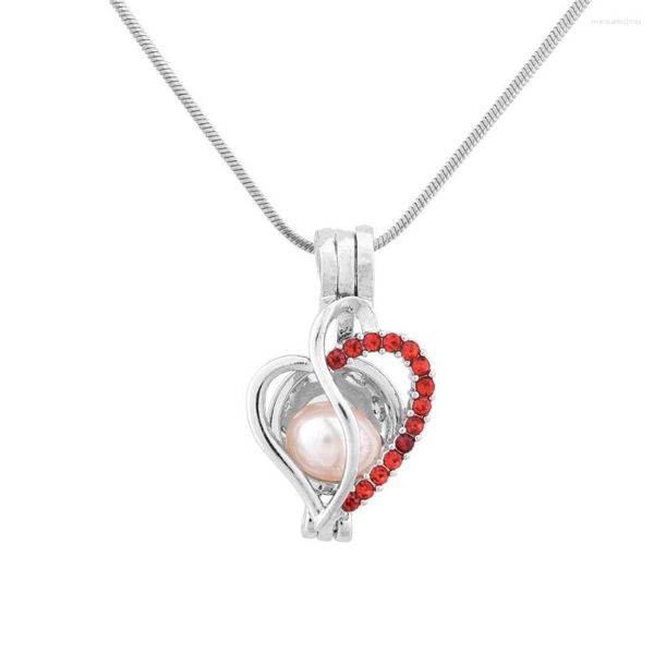 Pendentif Colliers Mignon Lovley 18KGP Coeur avec collier de cage en zircone cubique rouge peut ouvrir une perle de 8,2 mm DIY Montage Médaillon Charme