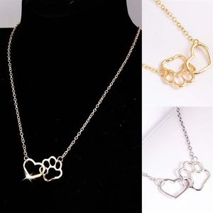 Collares colgantes lindo romántico dorado plata ajustable animal hueco mascota huella perro gato amor corazón collar collares moda Cha268C