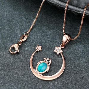 Pendentif Colliers Mignon Rose Or Couleur Lune Étoile Pingouin Collier Pour Les Femmes Avec Blanc Bleu Opale Pierre Banquet Anniversaire Bijoux Délicat