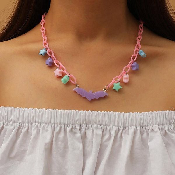 Collares pendientes Linda estrella pentagrama murciélago resina colgantes para mujeres niñas declaración rosa acrílico cadena collar damas fiesta joyería colgante