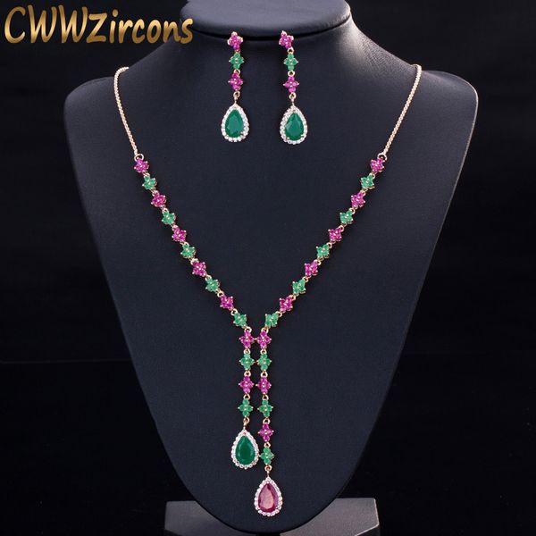 Pendentif Colliers CWWZircons beau vert et rouge CZ zircone pierre bijoux 4 feuilles longue goutte collier de fête ensembles de boucles d'oreilles pour les femmes T225 230506