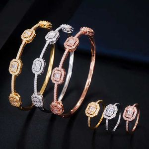 Hanger Kettingen CWWZircons Stapelbaar Vierkant Zirkonia 585 Rose Goud Kleur Manchet Armband Ring Set Damesmode Merk Sieraden T100 Q240402