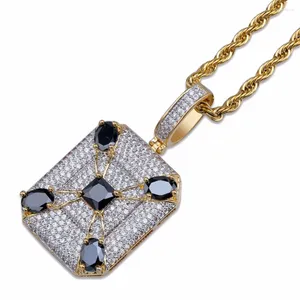 Colliers pendants cz out le bling golden carré de luxe de luxe, collier pendentif avec des bijoux de rappeur hip hop masculin en pierre naturelle noire