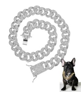 Collares colgantes CZ Rhinestone Collar de cadena de perro y correa Super Strong Metal Choke Silver Gold Pet Lead Cuerda para fiesta Show8337369