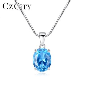 Pendentif Colliers CZCITY Synthétique Topaze Bleu Ciel 925 Collier En Argent Sterling Pour Les Femmes Classique Ovale Pierre Pendentif Chian Mariage Fine Jewelry 230425