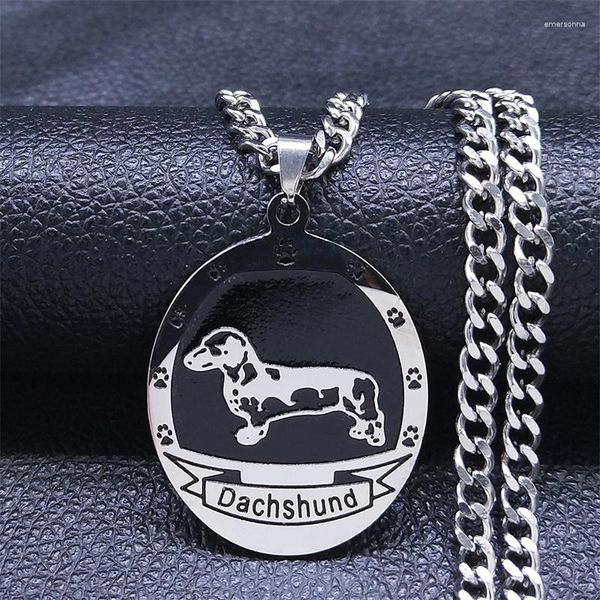 Collares pendientes Dachshund Collar de perro de acero inoxidable Mujeres / Hombres Esmalte negro Color plata Joyería Gargantilla N3271S06