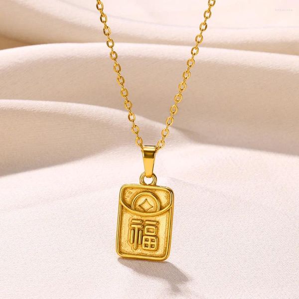 Pendentif Colliers Dainty Caractères chinois FU pour femmes Couleur Or Carré Sculpté Bijoux Géométriques Kid Amulette Accessoires Cadeaux