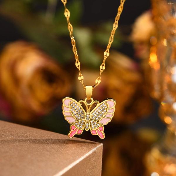 Collares colgantes Dainty Double Pink Butterfly Charm CZ Piedra Largo Chapado en oro Collar de acero inoxidable Joyería de cadena elegante