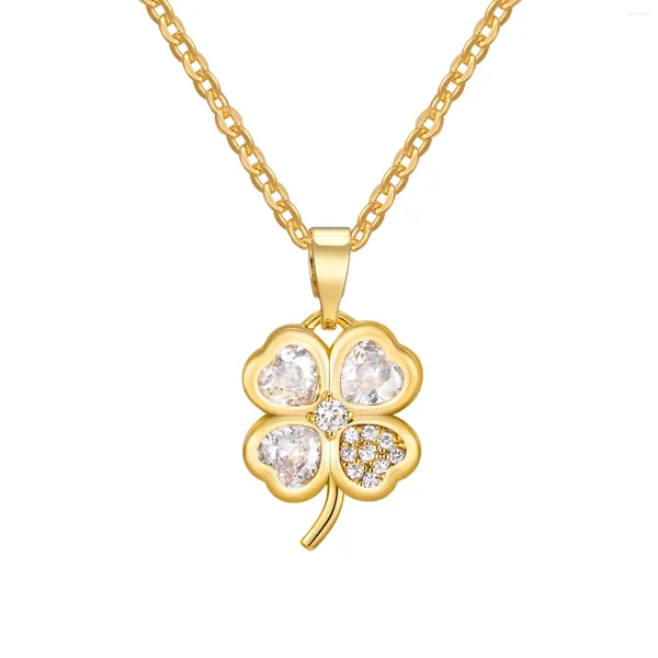 Collares colgantes Gargantilla chapada en oro delicado para mujer Moda Cubic Zirconia Lucky Clover Leaf Flower Collar de cadena de moda