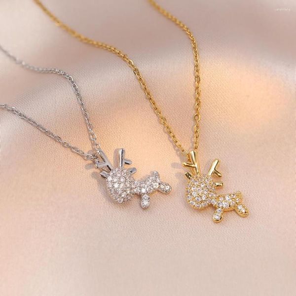 Collares colgantes Dainty Tiny Deer Collar para niña Full Zircon Inlaid Elk Chapado en oro Deseo con usted Todo el camino Regalo