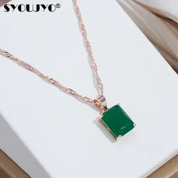 Pendentif Colliers Vert Foncé Carré Naturel Zircon Pour Femmes SYOUJYO 585 Rose Or Couleur Simple Facile Assorti Bijoux Quotidiens