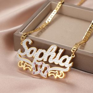 Hanger kettingen Dascusto gepersonaliseerde naamplaat naam ketting aangepaste 3D 18K vergulde dubbele diamanten choker tweekleurige ketting voor vrouwen 230703