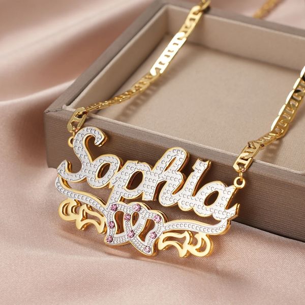 Colliers pendentifs Dascusto personnalisé plaque signalétique nom collier personnalisé 3D 18K plaqué or double diamant tour de cou chaîne TwoTone pour les femmes 230313