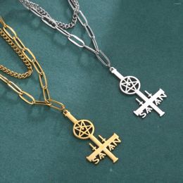 Hanger kettingen dawapara satan omgekeerde kruis pentagram roestvrij staal dubbele laag ketting voor mannen vrouwen amulet halloween cadeau