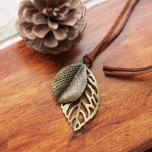 Hangende kettingen dierbare life handgemaakte sieraden kunst retro dubbele blad lederen touw lange trui ketting voortreffelijk speciaal cadeau