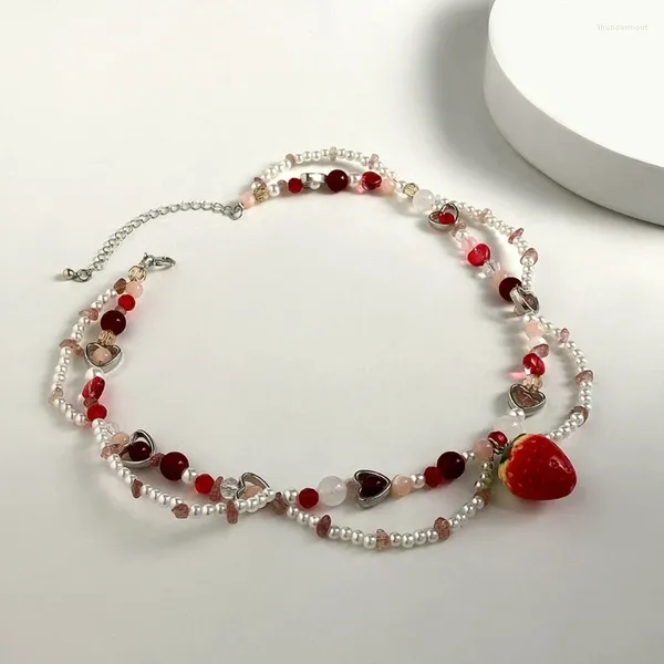 Pendentif Colliers Délicat Fraise Coeur Collier Couche Douce Imitation Perle Ras Du Cou Clavicule Chaîne Bijoux Cadeau