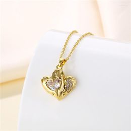 Pendentif Colliers Design Sens Unique Zircon Double Coeur En Acier Inoxydable Pour Les Femmes Mode Coréenne Vintage Femme Cou Chaîne