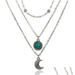 Colliers pendants conçus pour les bijoux transfrontaliers Loose Stone Lune Trois Collier rétro Mti-couche chaîne de pulls rétro incrustée Dro dhn0o