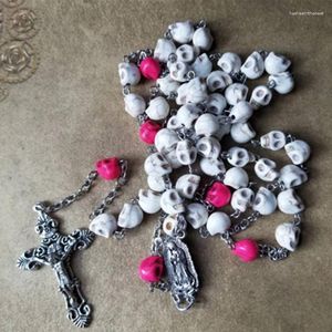 Anhänger-Halsketten Dia De Los Muertos Rosenkranz Howlith-Schädel Guadalupe Center Verziertes Kruzifix Katholisches fünf Jahrzehnte altes Edelstahl-Ste