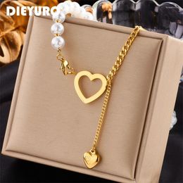 Pendentif Colliers Dieyuro 316L en acier inoxydable perle découpe coeur long collier pour femmes punk rue tendance cou chaîne bijoux cadeaux de fête