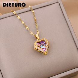 Pendentif Colliers DIEYURO Acier Inoxydable 316L Belle Amour Coeur Améthyste Or Brillant Tempérament Cadeau Femmes Bijoux Porter Tous Les Jours 230802