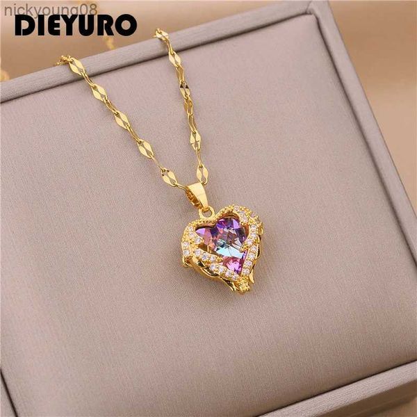 Collares colgantes Dieyuro 316L Acero inoxidable Hermoso Amor Corazón Amatista Colgante de oro Temperamento brillante Regalo Mujeres Joyería Desgaste todos los días 2021