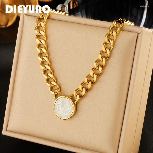 Collares colgantes Dieyuro 316L Acero inoxidable Retrato redondo Collar de monedas para mujeres Chica Moda Cadena gruesa Gargantilla Joyería Regalo Boda