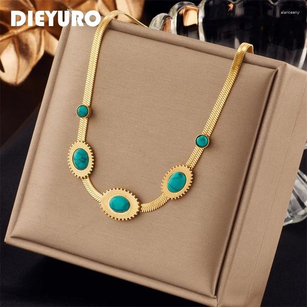 Collares colgantes DIEYURO 316L Acero inoxidable Oval Collar de piedra verde para mujeres Vintage Ladies Cadena Gargantillas Moda Chicas Joyería