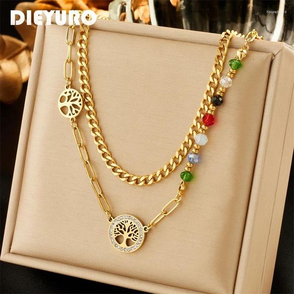 Pendentif Colliers Dieyuro 316L en acier inoxydable arbre rond collier de perles colorées pour femmes fille 2in1 chaînes non-fading bijoux cadeau