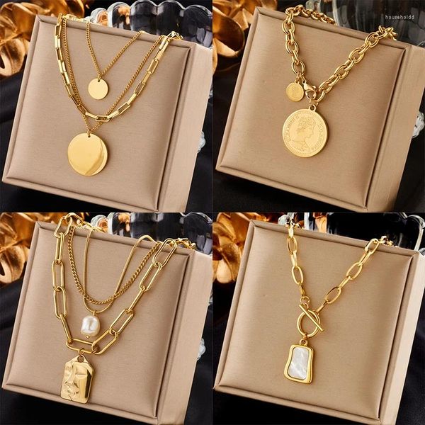 Collares colgantes dieyuro 316l acero inoxidable collar de monedas de retrato geométrica para mujeres Joya de joyería de la cadena multicapa multicapa