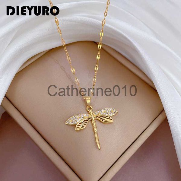 Pendentif Colliers DIEYURO En Acier Inoxydable 316L Personnalité Libellule Pendentif Collier Pour Femmes Mode Filles Clavicule Chaîne Partie Bijoux Cadeaux J230817