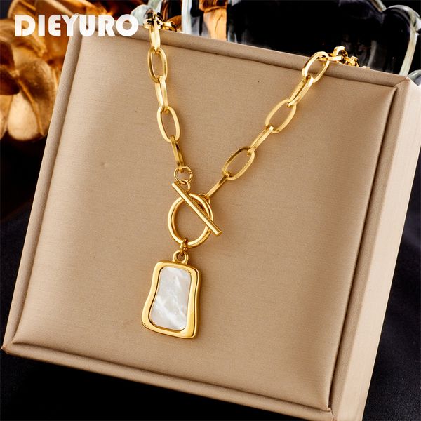 Pendentif Colliers DIEYURO 316L En Acier Inoxydable Géométrique Trapézoïdal Perle Oyster Collier Pour Femmes OT Boucle Chaînes Bijoux Cadeaux 230506